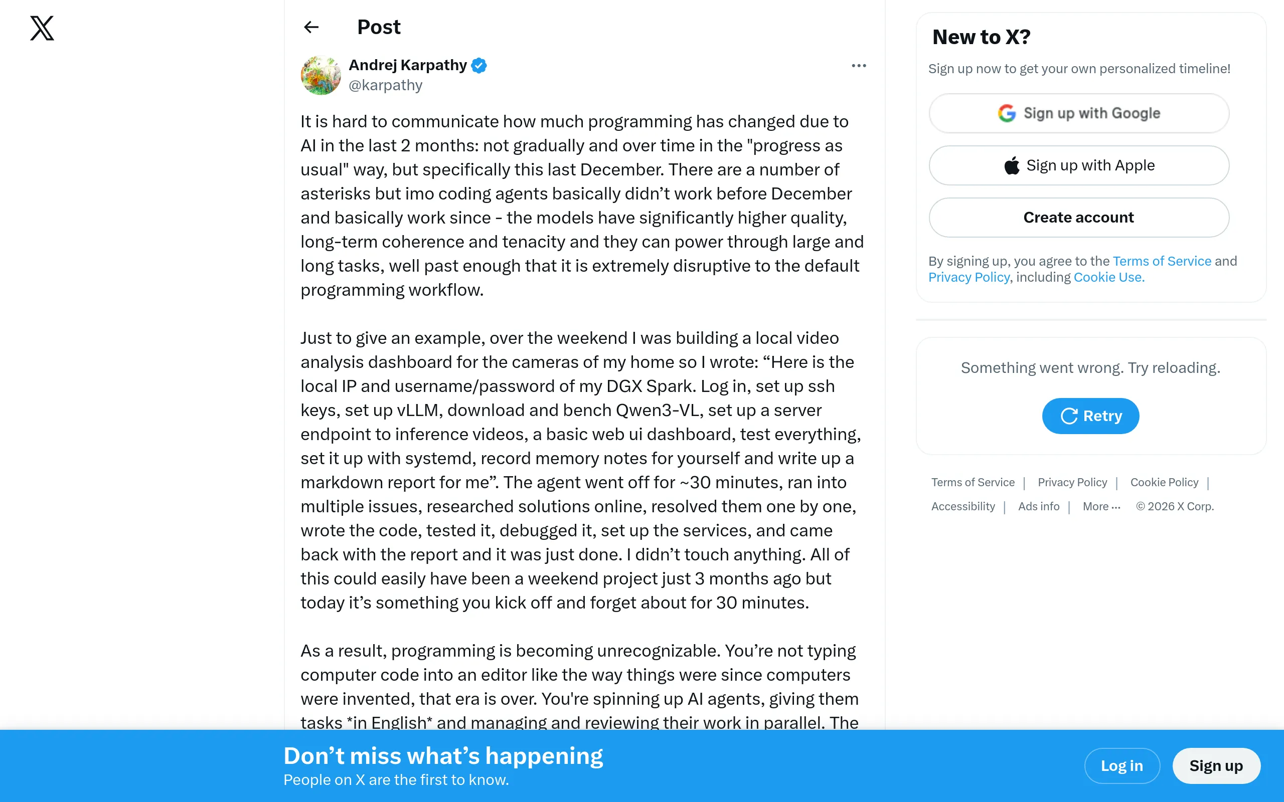 Andrej Karpathy tweet on December coding agents breakthrough